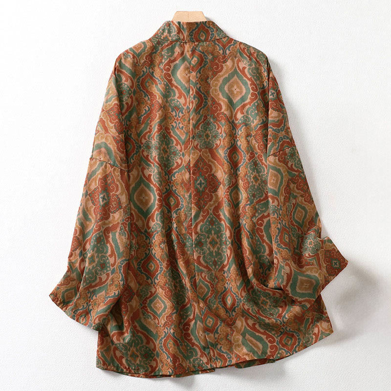 Nimara Ritual Printing Chinese Frog-Button Long Sleeve Stand Collar Women's Shirt With Pockets