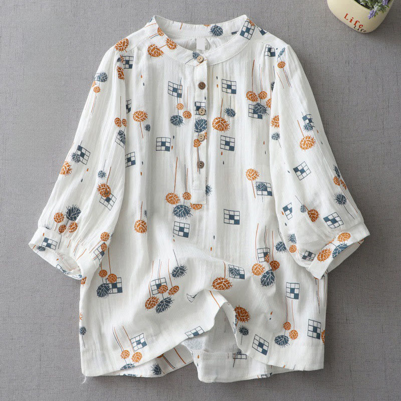 Nimara Ritual Printed Half Button DesignThree Quarter Gathered Sleeve Women's Cotton Shirt