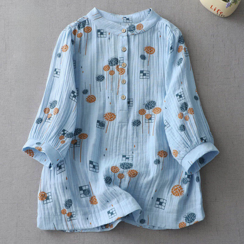 Nimara Ritual Printed Half Button DesignThree Quarter Gathered Sleeve Women's Cotton Shirt