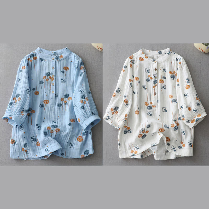 Nimara Ritual Printed Half Button DesignThree Quarter Gathered Sleeve Women's Cotton Shirt