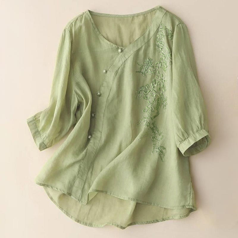 Nimara Ritual Casual Loose Flower Embroidery Frog Button Short Sleeve Women's Shirt