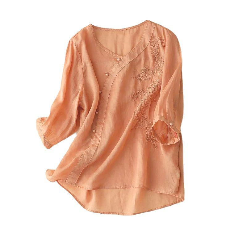 Nimara Ritual Casual Loose Flower Embroidery Frog Button Short Sleeve Women's Shirt