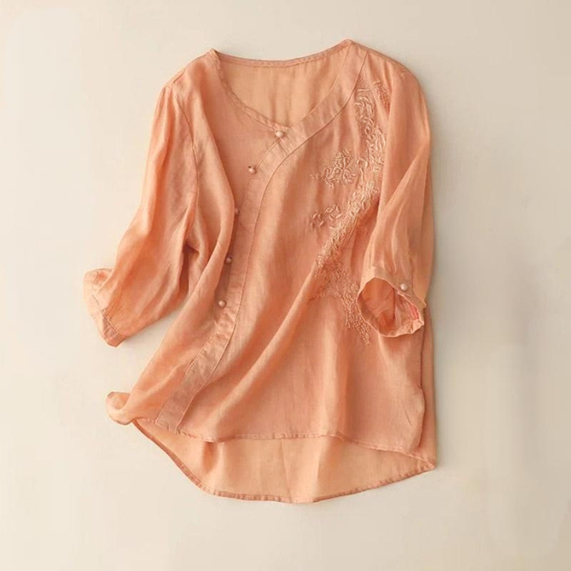 Nimara Ritual Casual Loose Flower Embroidery Frog Button Short Sleeve Women's Shirt
