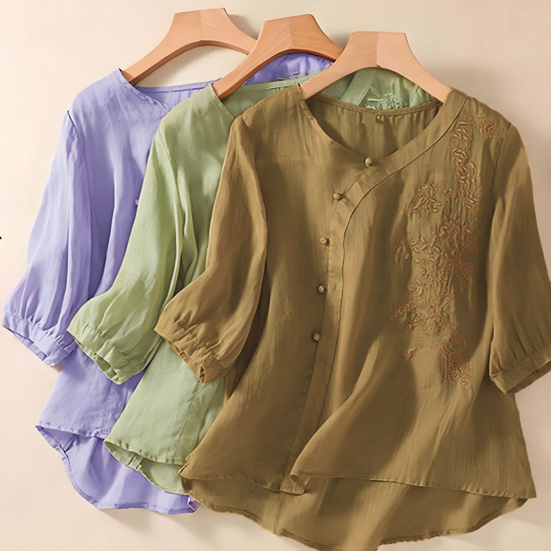 Nimara Ritual Casual Loose Flower Embroidery Frog Button Short Sleeve Women's Shirt