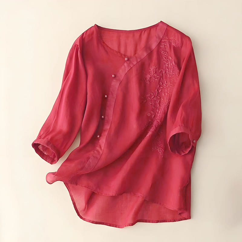 Nimara Ritual Casual Loose Flower Embroidery Frog Button Short Sleeve Women's Shirt