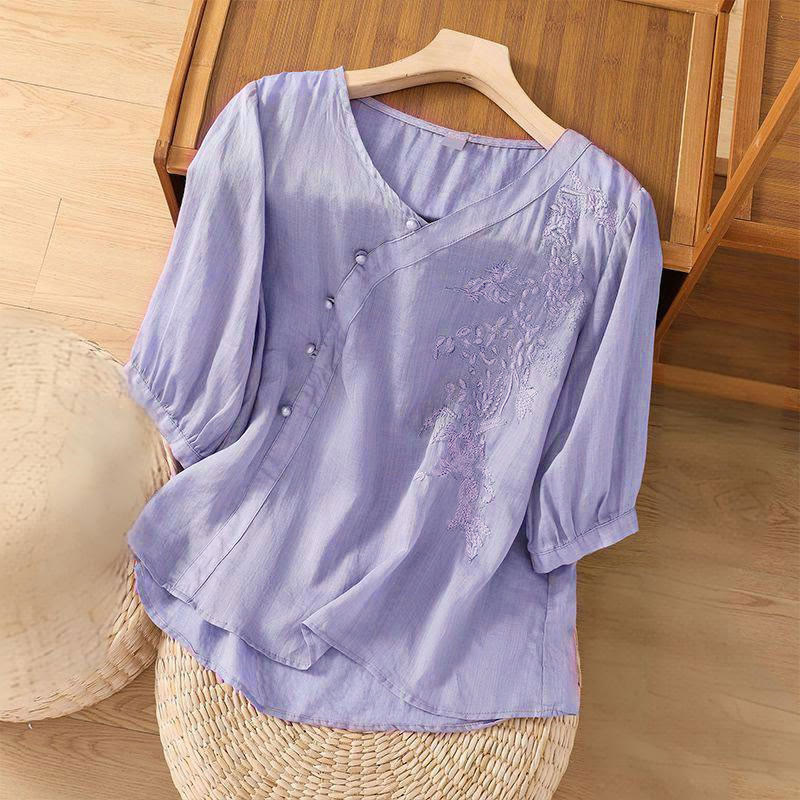 Nimara Ritual Casual Loose Flower Embroidery Frog Button Short Sleeve Women's Shirt