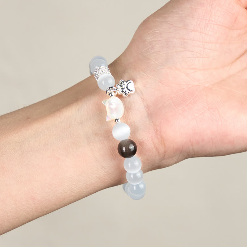 Nimara Ritual Cat Head White Cat's Eye Silver Sheen Obsidian Positive Bracelet