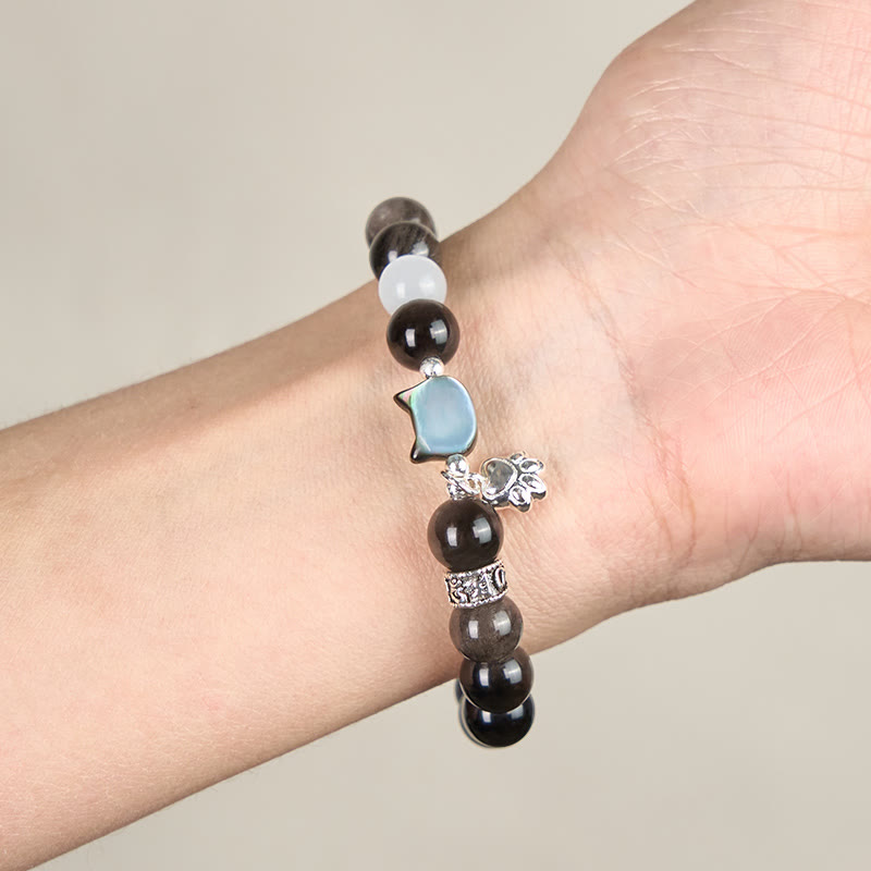 Nimara Ritual Cat Head White Cat's Eye Silver Sheen Obsidian Positive Bracelet