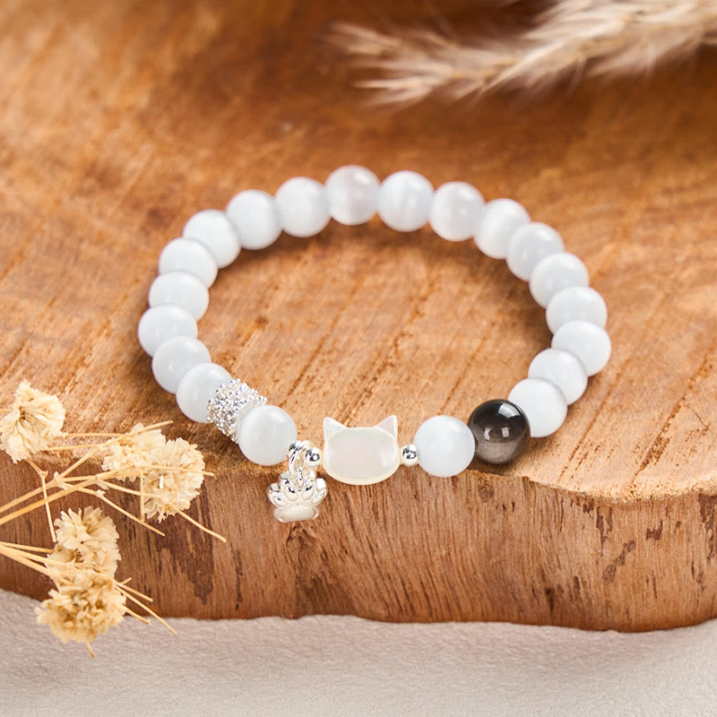 Nimara Ritual Cat Head White Cat's Eye Silver Sheen Obsidian Positive Bracelet