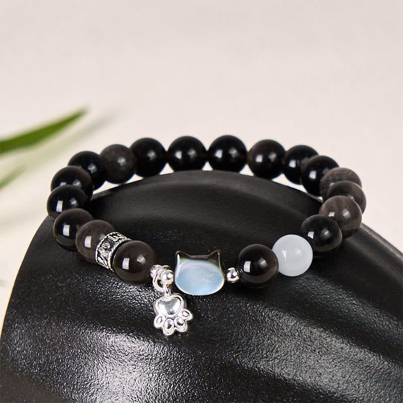 Nimara Ritual Cat Head White Cat's Eye Silver Sheen Obsidian Positive Bracelet