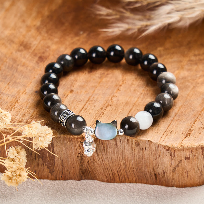 Nimara Ritual Cat Head White Cat's Eye Silver Sheen Obsidian Positive Bracelet