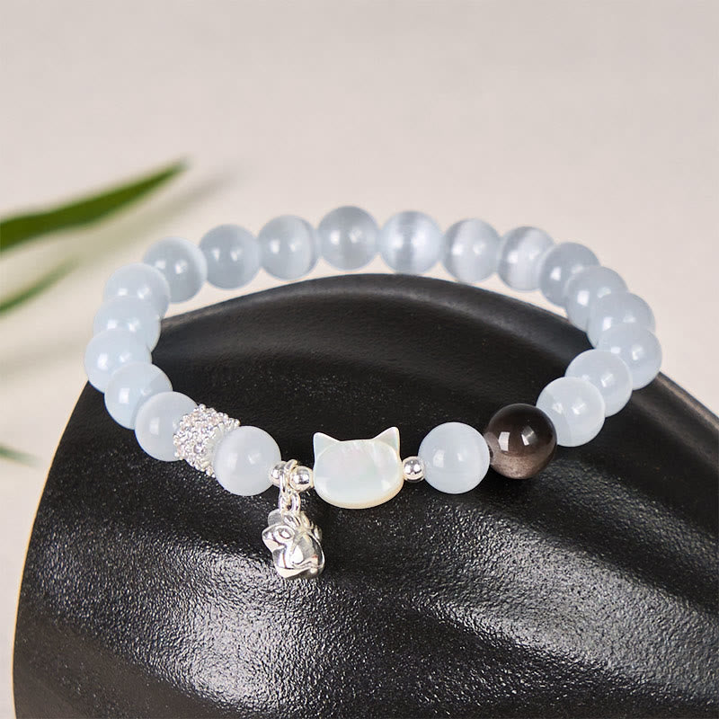 Nimara Ritual Cat Head White Cat's Eye Silver Sheen Obsidian Positive Bracelet