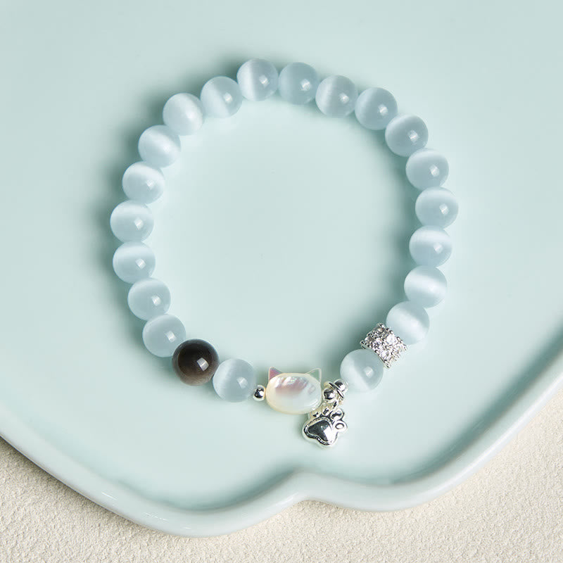 Nimara Ritual Cat Head White Cat's Eye Silver Sheen Obsidian Positive Bracelet