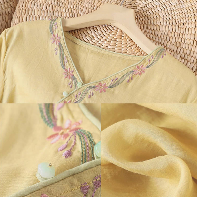 Nimara Ritual Stand Collar Embroidery Button Design Three Quarter Sleeve Women's Shirt