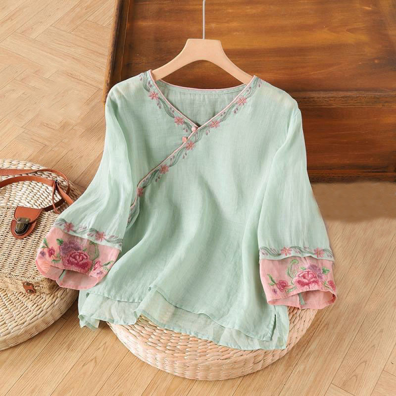 Nimara Ritual Stand Collar Embroidery Button Design Three Quarter Sleeve Women's Shirt