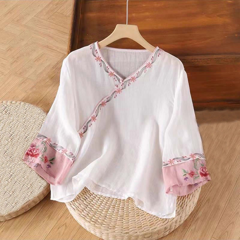 Nimara Ritual Stand Collar Embroidery Button Design Three Quarter Sleeve Women's Shirt