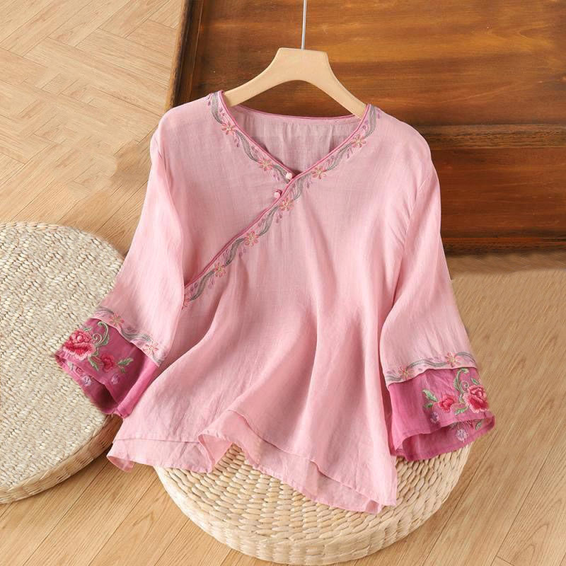 Nimara Ritual Stand Collar Embroidery Button Design Three Quarter Sleeve Women's Shirt