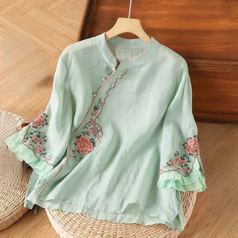 Nimara Ritual Casual Loose Peony Embroidery Frog Button Three Quarter Sleeve Women's Shirt