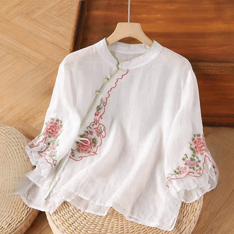 Nimara Ritual Casual Loose Peony Embroidery Frog Button Three Quarter Sleeve Women's Shirt
