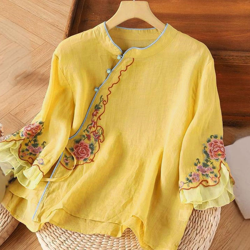 Nimara Ritual Casual Loose Peony Embroidery Frog Button Three Quarter Sleeve Women's Shirt
