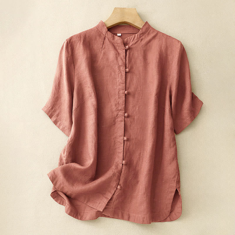 Nimara Ritual Summer Women's Cotton Short Sleeve Stand Collar Side Slit Frog-Button Design Shirt