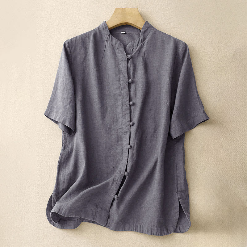 Nimara Ritual Summer Women's Cotton Short Sleeve Stand Collar Side Slit Frog-Button Design Shirt
