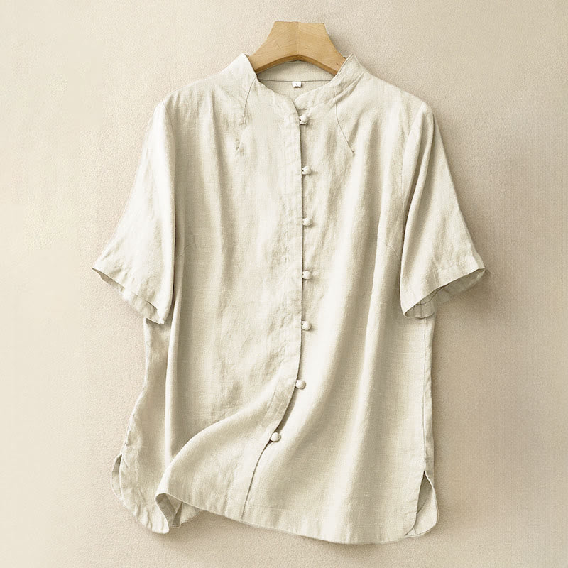 Nimara Ritual Summer Women's Cotton Short Sleeve Stand Collar Side Slit Frog-Button Design Shirt