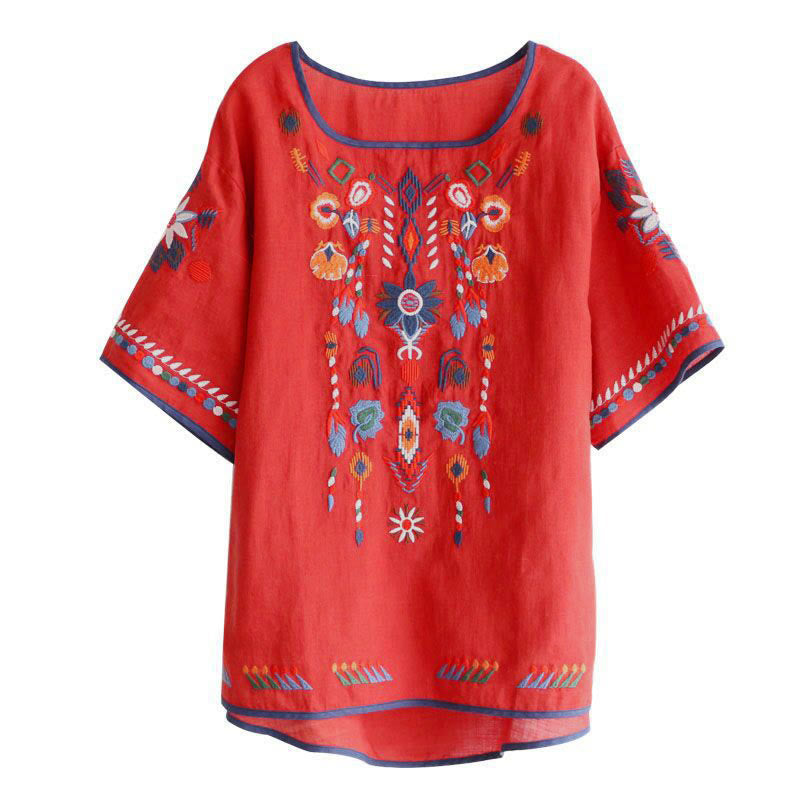 Nimara Ritual Retro Artistic Embroidery Floral Pattern Crew Neck Women's Cotton Linen Short Sleeve T-Shirt