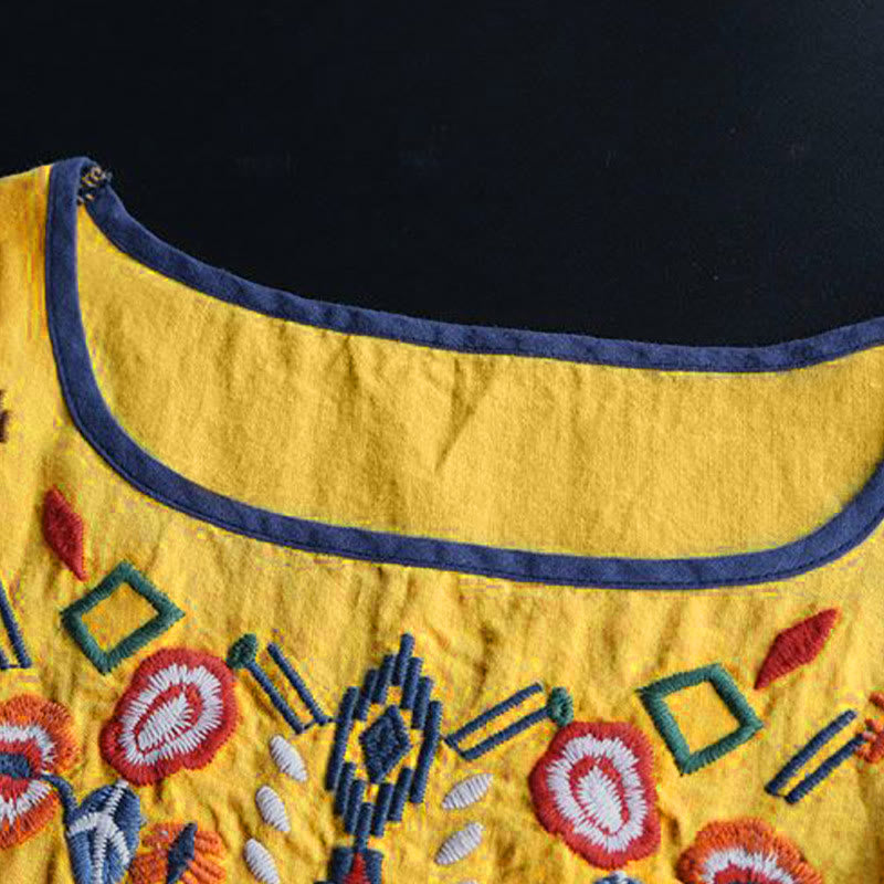 Nimara Ritual Retro Artistic Embroidery Floral Pattern Crew Neck Women's Cotton Linen Short Sleeve T-Shirt