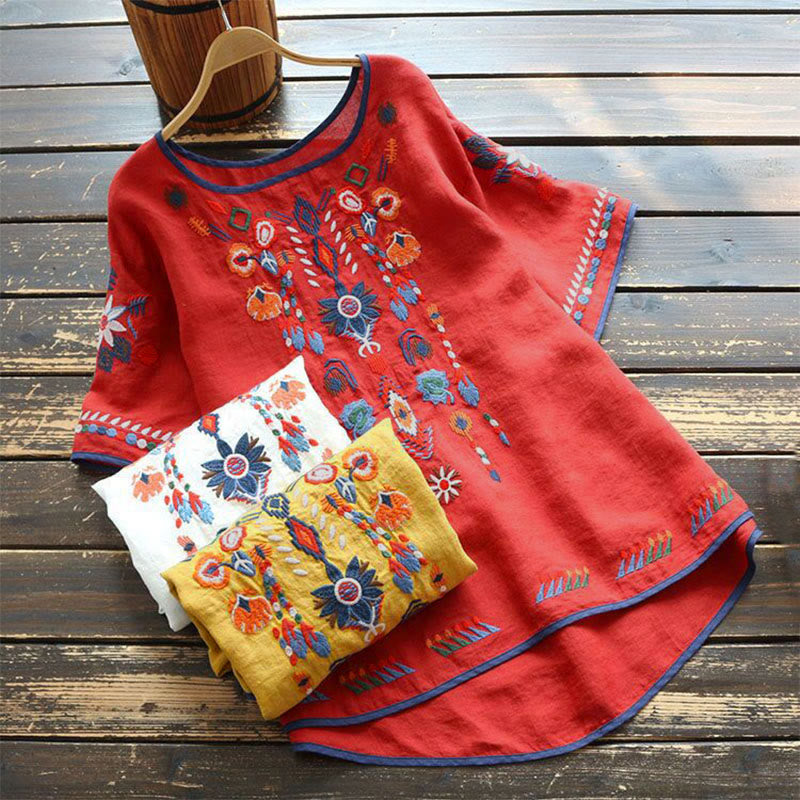 Nimara Ritual Retro Artistic Embroidery Floral Pattern Crew Neck Women's Cotton Linen Short Sleeve T-Shirt