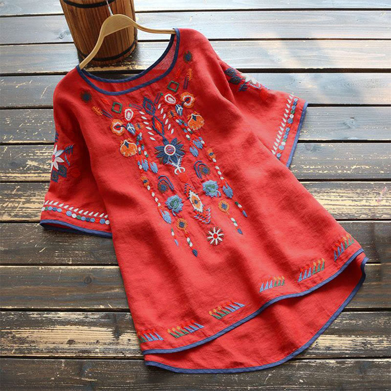 Nimara Ritual Retro Artistic Embroidery Floral Pattern Crew Neck Women's Cotton Linen Short Sleeve T-Shirt