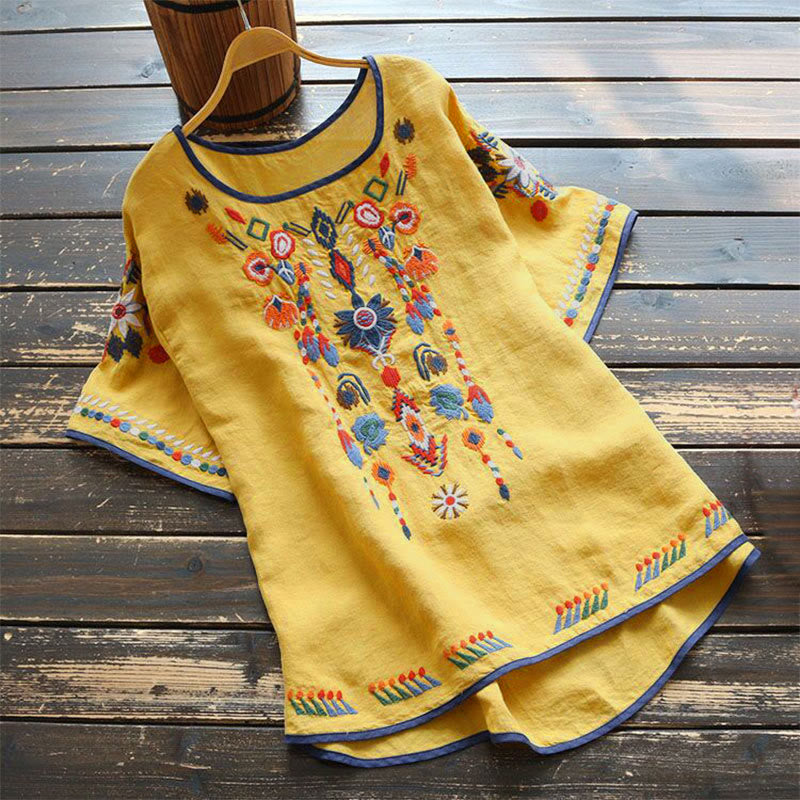 Nimara Ritual Retro Artistic Embroidery Floral Pattern Crew Neck Women's Cotton Linen Short Sleeve T-Shirt