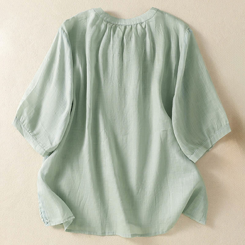 Nimara Ritual Summer Embroidery Flower Lace-up Design Notched Collar Women's Short Sleeve Shirt