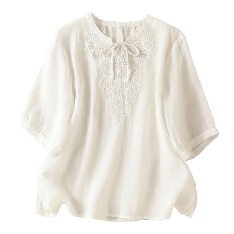 Nimara Ritual Summer Embroidery Flower Lace-up Design Notched Collar Women's Short Sleeve Shirt