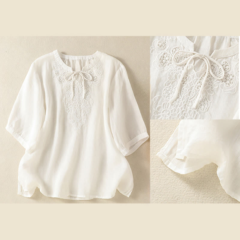 Nimara Ritual Summer Embroidery Flower Lace-up Design Notched Collar Women's Short Sleeve Shirt