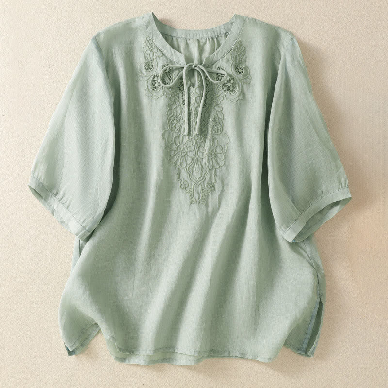 Nimara Ritual Summer Embroidery Flower Lace-up Design Notched Collar Women's Short Sleeve Shirt
