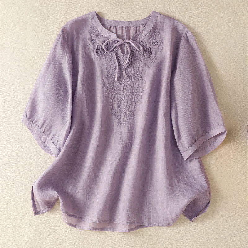 Nimara Ritual Summer Embroidery Flower Lace-up Design Notched Collar Women's Short Sleeve Shirt