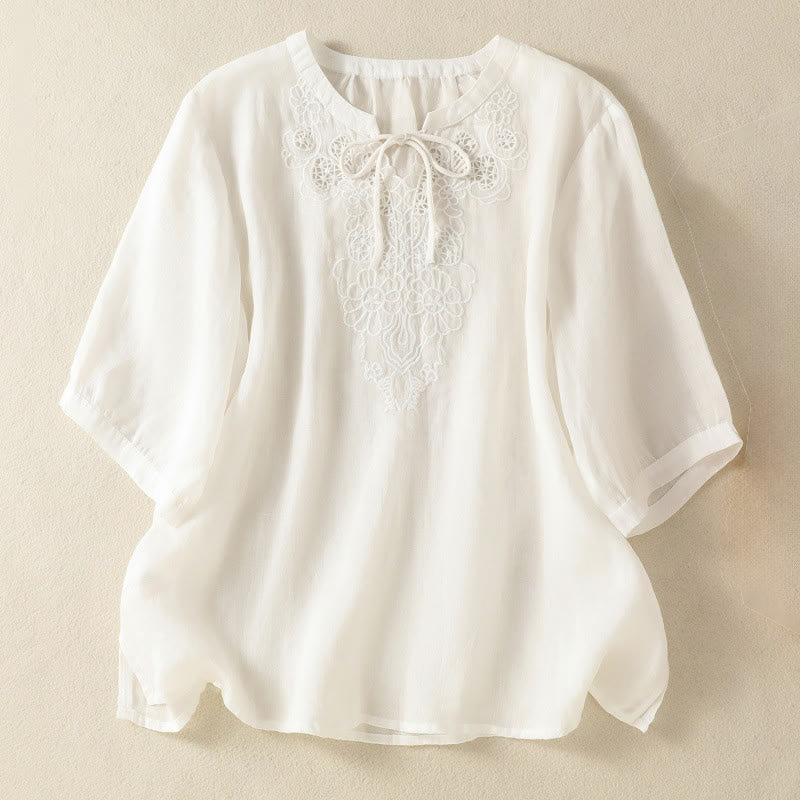 Nimara Ritual Summer Embroidery Flower Lace-up Design Notched Collar Women's Short Sleeve Shirt