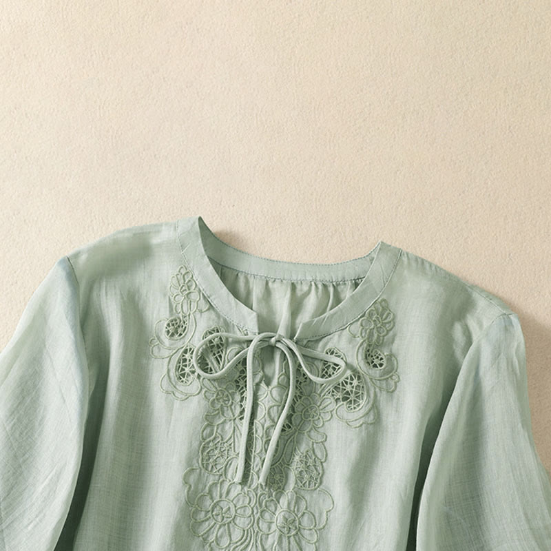 Nimara Ritual Summer Embroidery Flower Lace-up Design Notched Collar Women's Short Sleeve Shirt