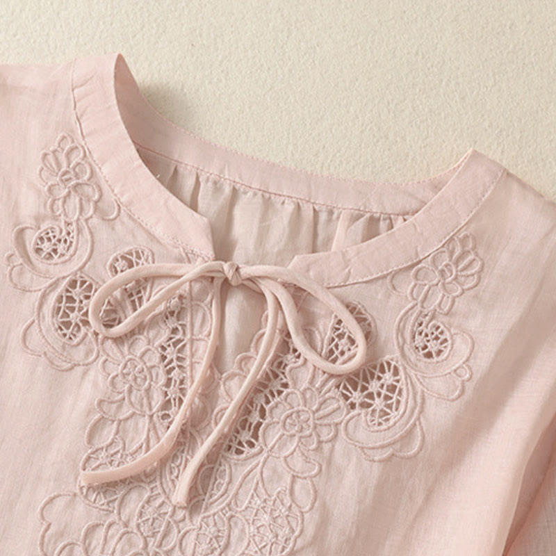 Nimara Ritual Summer Embroidery Flower Lace-up Design Notched Collar Women's Short Sleeve Shirt