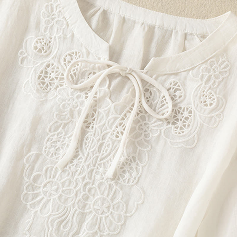 Nimara Ritual Summer Embroidery Flower Lace-up Design Notched Collar Women's Short Sleeve Shirt