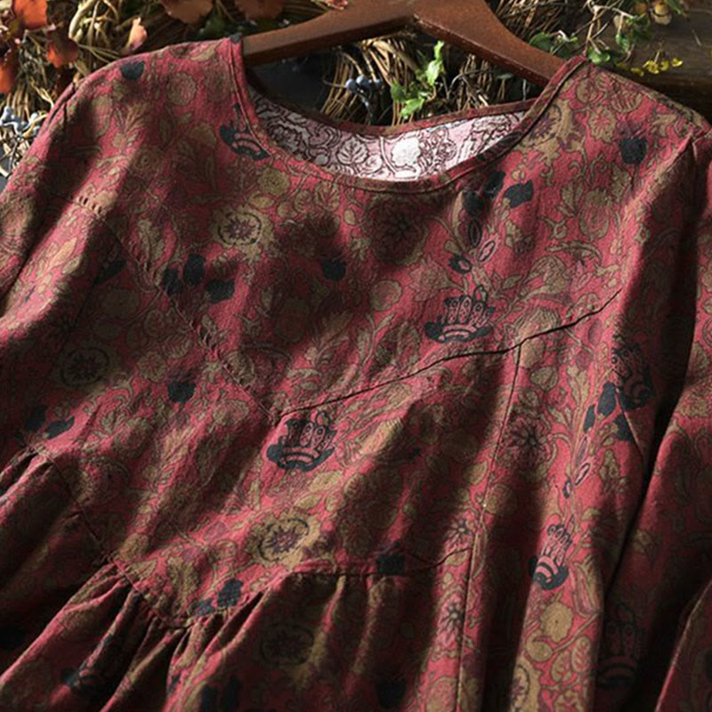 Nimara Ritual Retro Floral Pattern A-line Design Long Sleeve Women's Cotton Maxi Dress