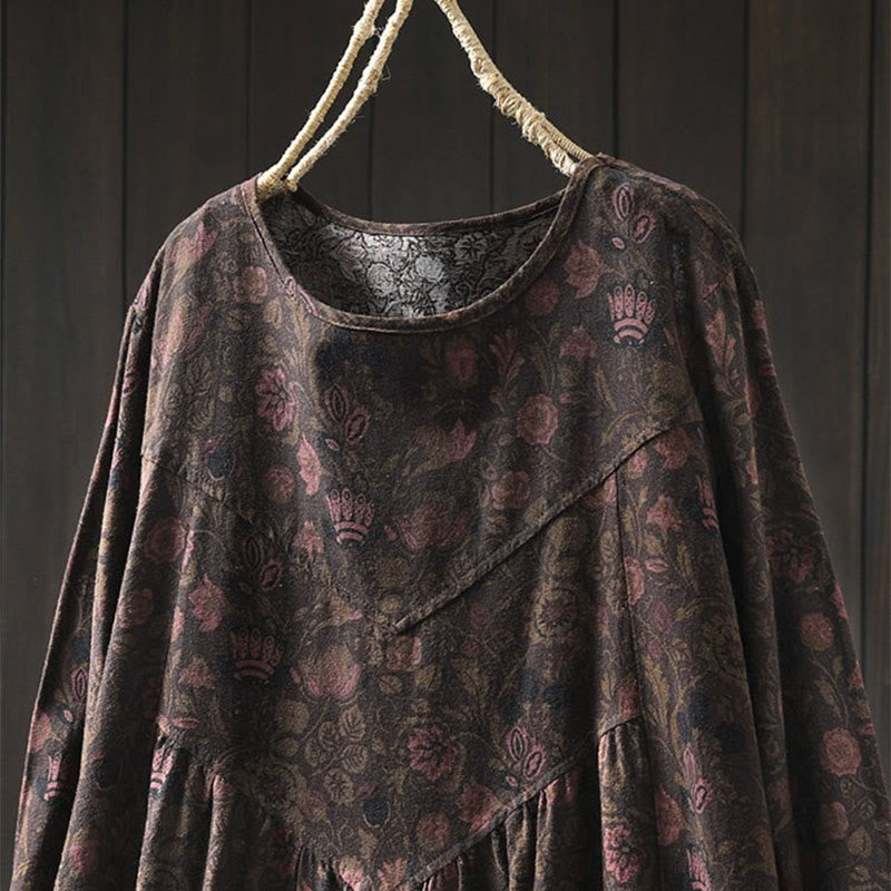 Nimara Ritual Retro Floral Pattern A-line Design Long Sleeve Women's Cotton Maxi Dress
