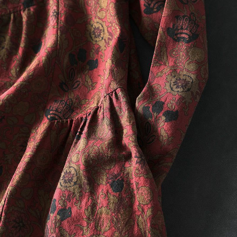 Nimara Ritual Retro Floral Pattern A-line Design Long Sleeve Women's Cotton Maxi Dress
