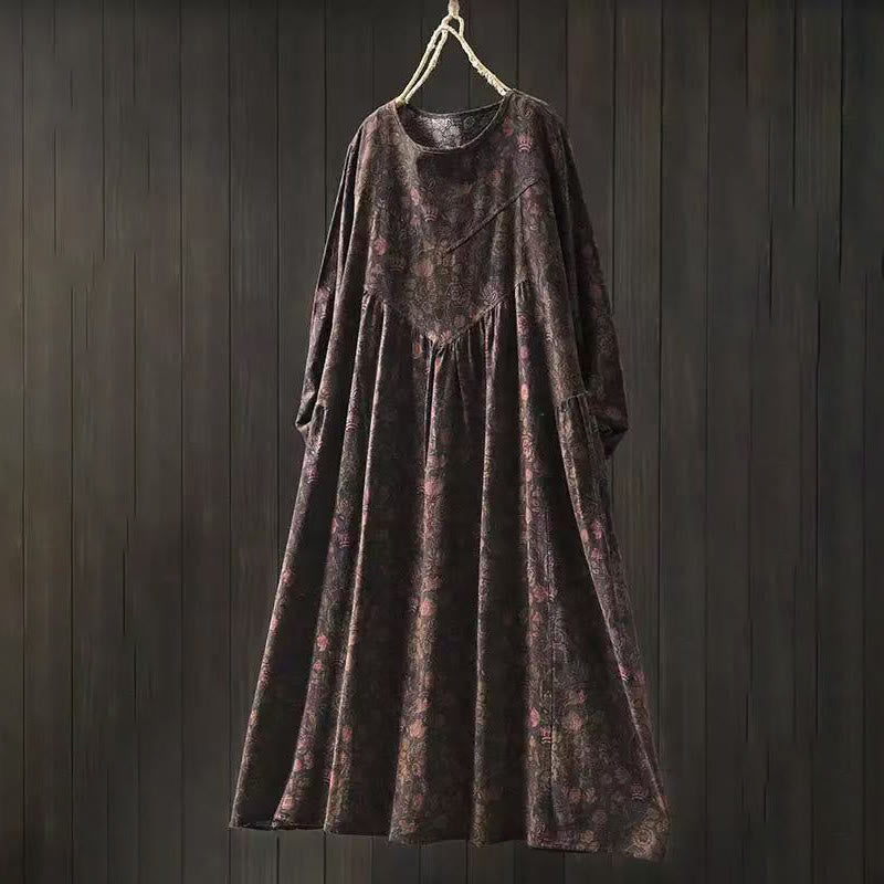 Nimara Ritual Retro Floral Pattern A-line Design Long Sleeve Women's Cotton Maxi Dress
