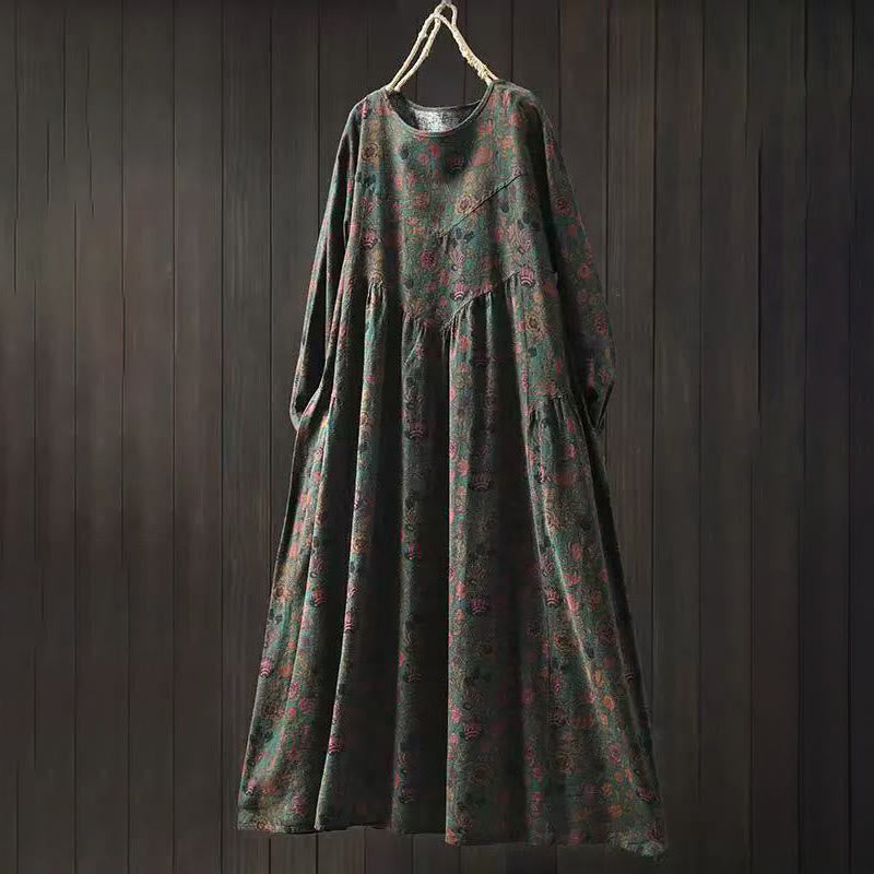 Nimara Ritual Retro Floral Pattern A-line Design Long Sleeve Women's Cotton Maxi Dress
