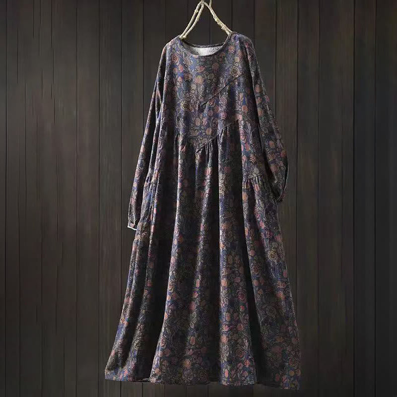 Nimara Ritual Retro Floral Pattern A-line Design Long Sleeve Women's Cotton Maxi Dress