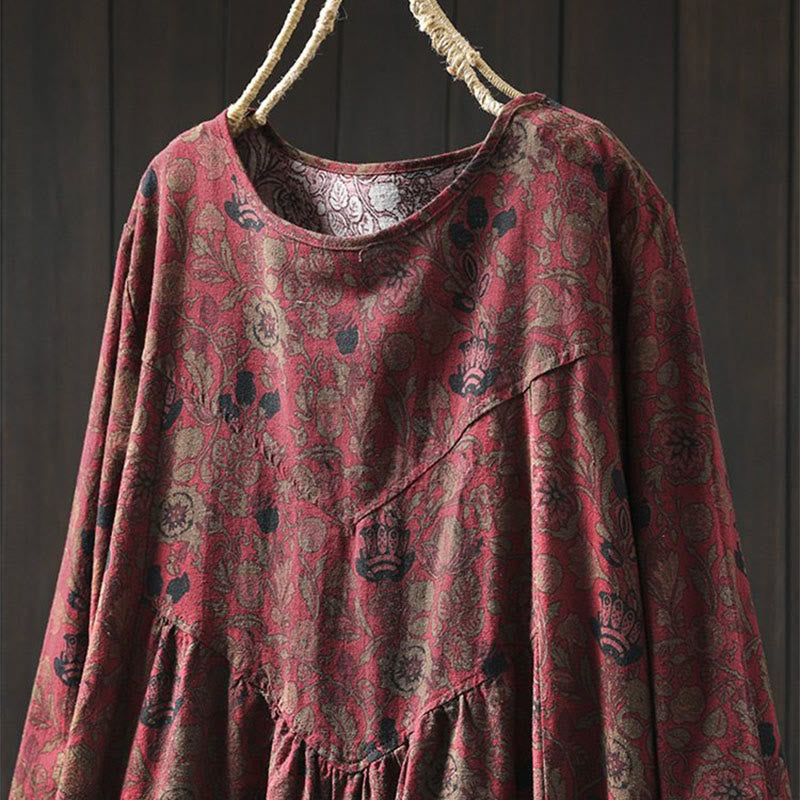 Nimara Ritual Retro Floral Pattern A-line Design Long Sleeve Women's Cotton Maxi Dress