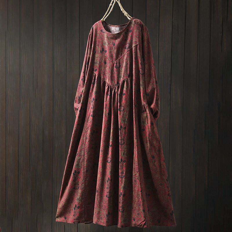 Nimara Ritual Retro Floral Pattern A-line Design Long Sleeve Women's Cotton Maxi Dress