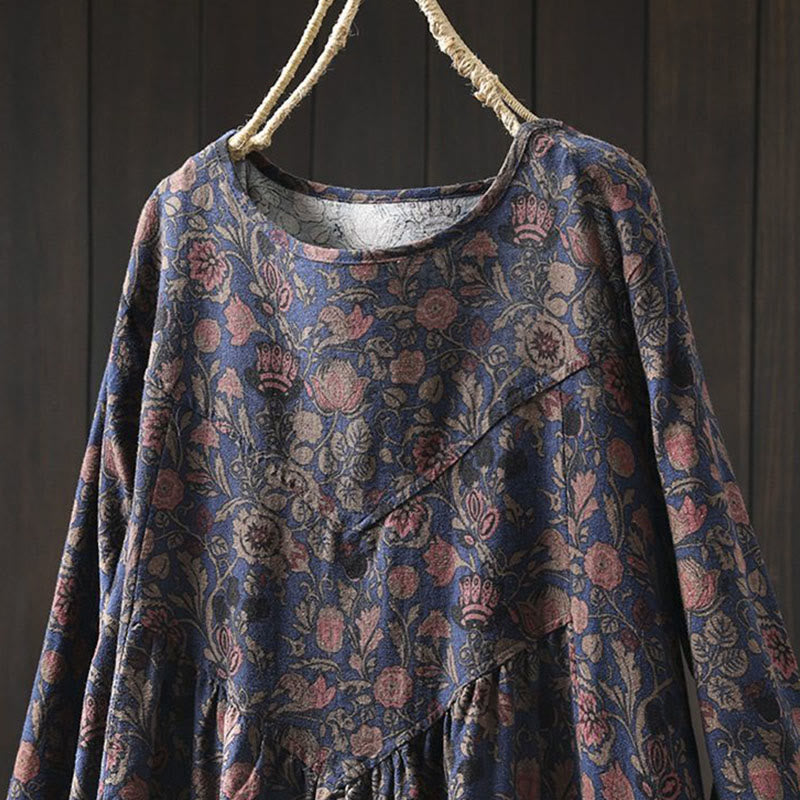 Nimara Ritual Retro Floral Pattern A-line Design Long Sleeve Women's Cotton Maxi Dress